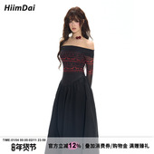 HiimDai 连衣裙 显瘦一字肩复古印花长袖 费尔岛梦境 异质拼接修身