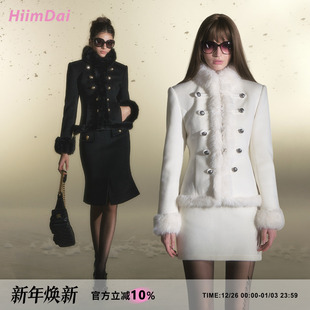 毛绒双排扣收腰毛呢外套包臀半裙套装 古早千金感 奥黛丽 HiimDai