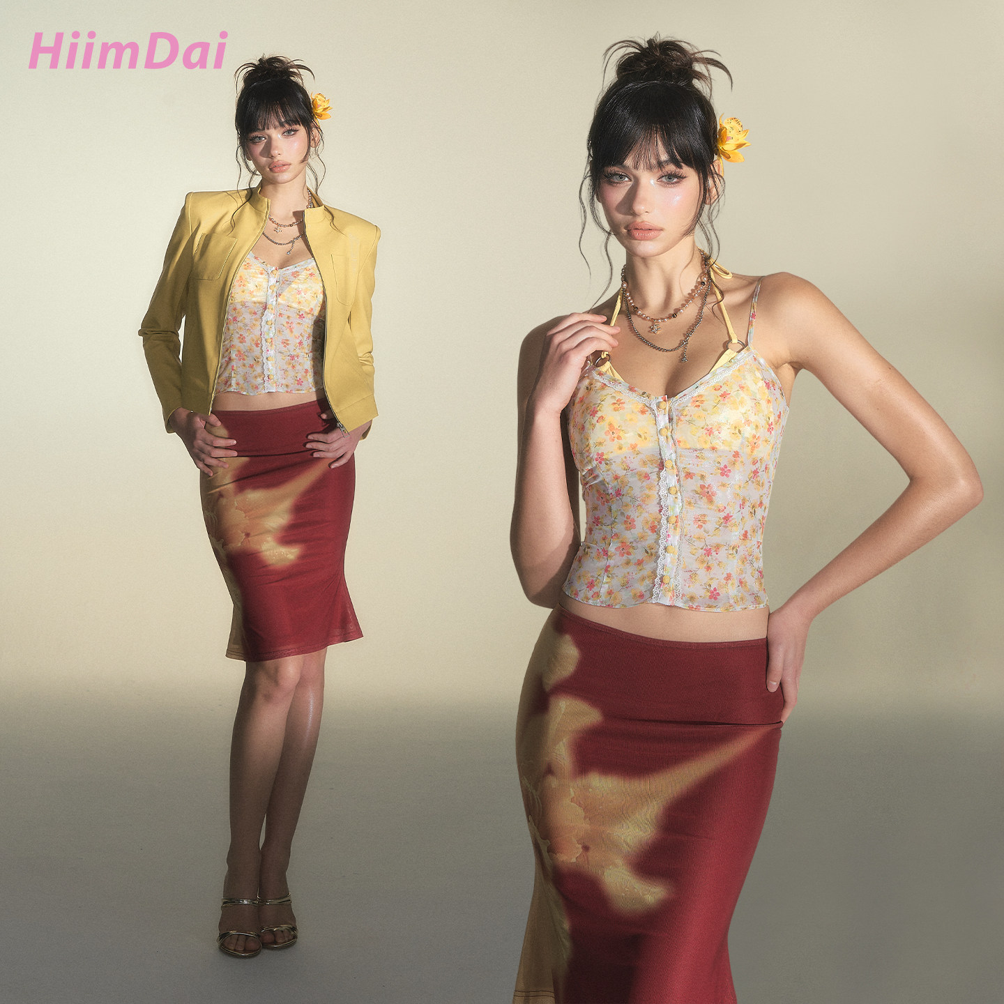 HiimDai 四月花物语 蕾丝拼接透视轻盈碎花小吊带&包臀半身裙套装