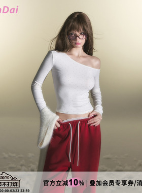 HiimDai 满天星 肤感满钻针织 辣妹露肩修身斜肩显瘦长袖打底T恤