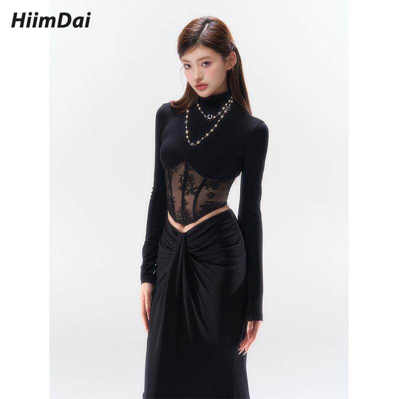 HiimDai allblack天花板 辣妹性感蕾丝拼接收腰鱼骨长袖T恤打底衫