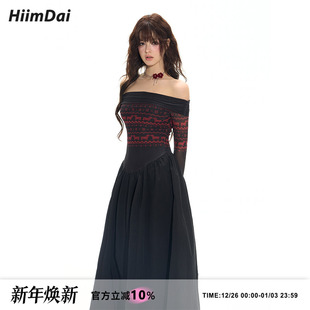 HiimDai 费尔岛梦境 异质拼接修身显瘦一字肩复古印花长袖连衣裙