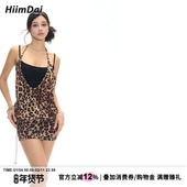 HiimDai 假两件吊带连衣裙 钓系辣妹豹纹印花修身 狂热 手工串珠