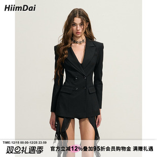 西装 HiimDai 黑色沙漏收腰显瘦中长款 层次木耳边修身 外套 大女主
