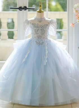 蓝色儿童主持人礼服女童高端轻奢小众女孩绝美公主裙钢琴演奏演出