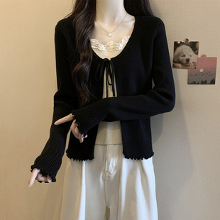 茶粒籽~秋装新款设计感假两件木耳边小香风别致上衣潮