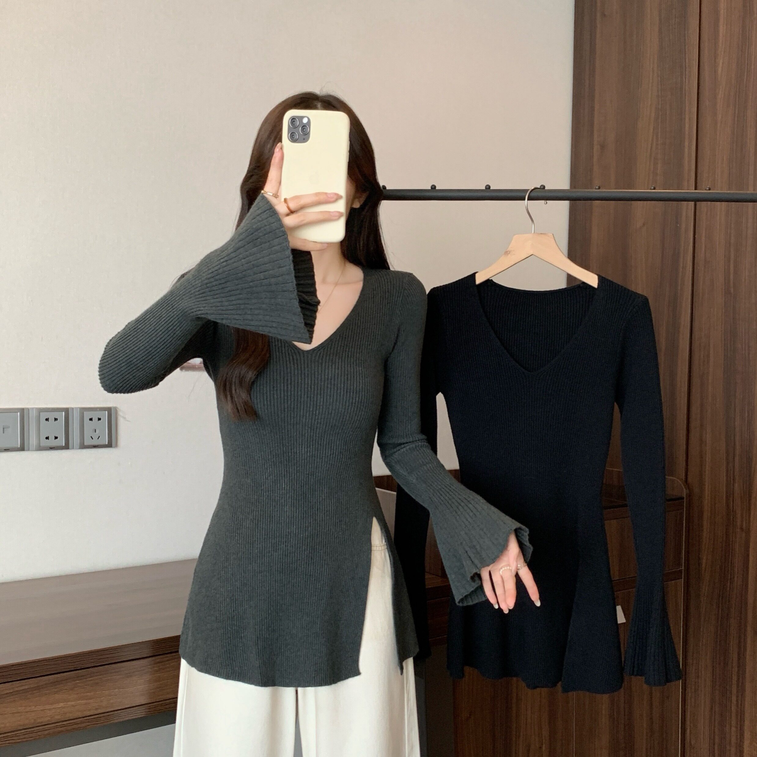 茶粒籽~喇叭袖针织衫女开叉内搭修身秋冬针织毛衣打底上衣,女装/女士精品,大码内搭,淘宝优惠券,粉丝福利购,淘宝优惠卷