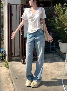 MIAOSHENGCHI定制175加长版浅蓝牛仔裤女春夏季高个子显瘦直筒裤