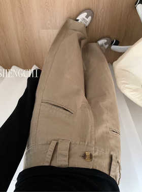 MIAOSHENGCHI定制高个子卡其色直筒休闲裤女夏高腰宽松阔腿工装裤