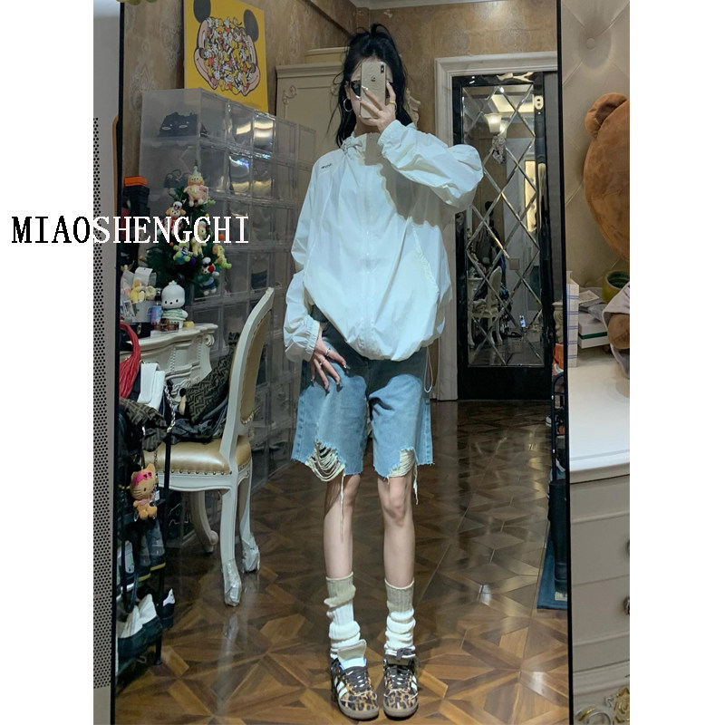 高个子美式破洞骑行牛仔裤女夏季美式复古乞丐中裤毛边a字五分裤