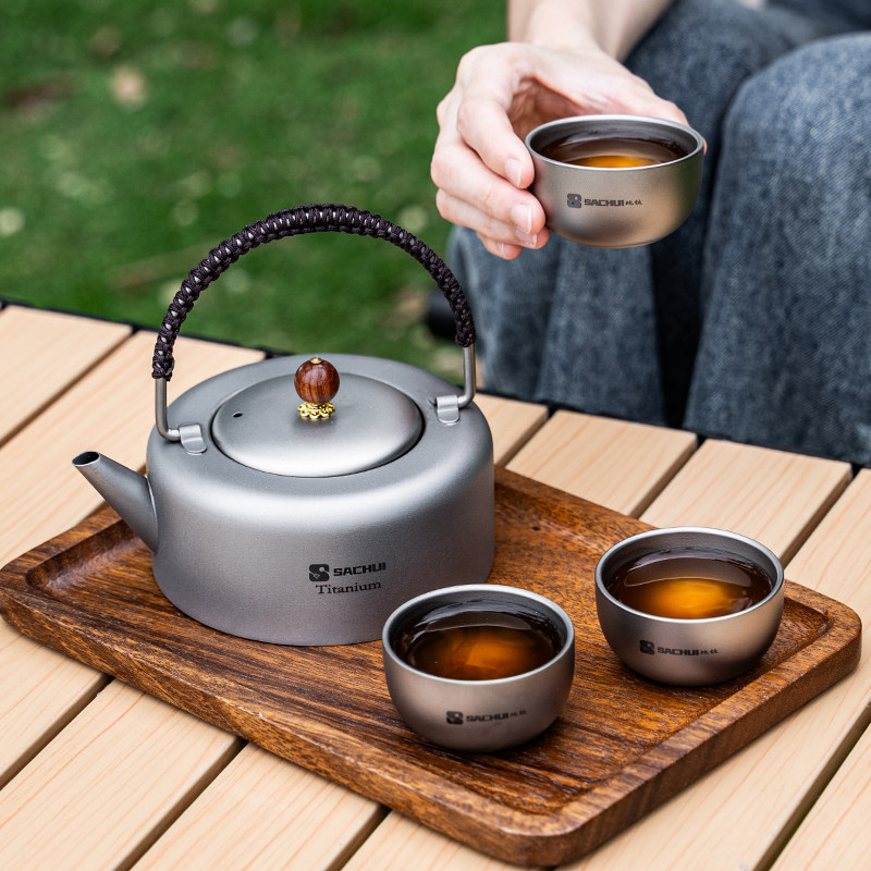 纯钛泡茶壶户外烧水壶露营便携双层茶杯具煮茶套装功夫茶煮茶水壶