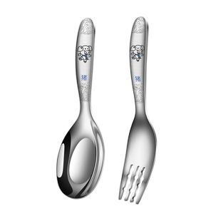 食品级316不锈钢儿童汤勺叉子宝宝吃饭勺子便捷餐具套装十二生肖