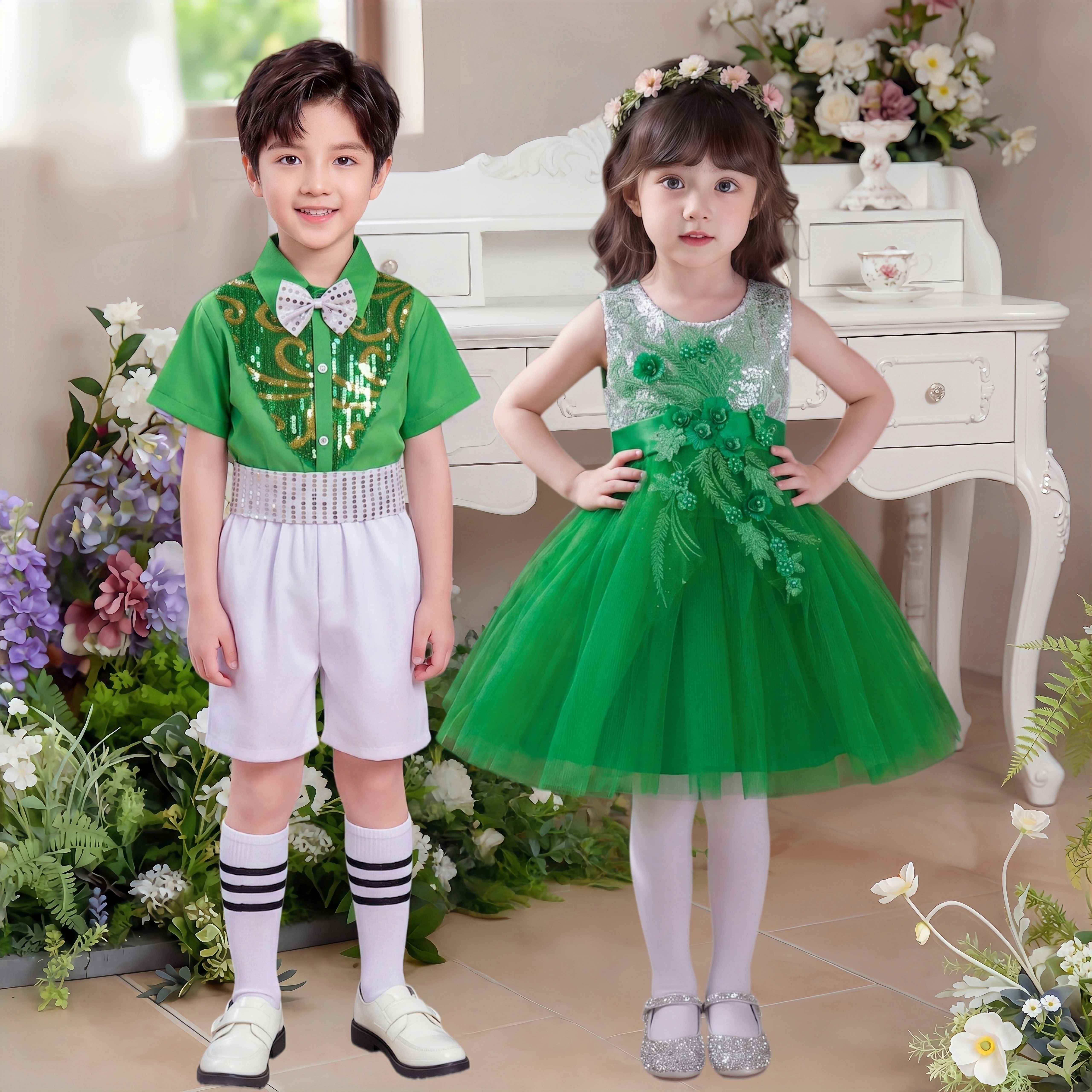 我们是鲜花舞蹈服装女童公主裙可爱蓬蓬纱裙禾苗儿童绿色演出服新