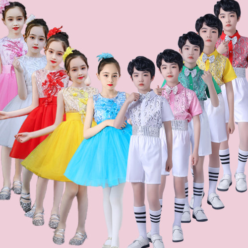 儿童六一合唱表演服女亮片蓬蓬裙