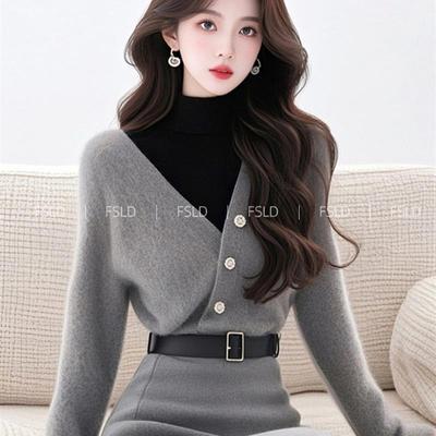 4069韩系搭配一整套冬装灰色假两件针织连衣裙子套装新款女装秋季