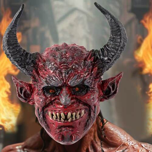 红色牛角尖耳恶魔面具头套万圣节