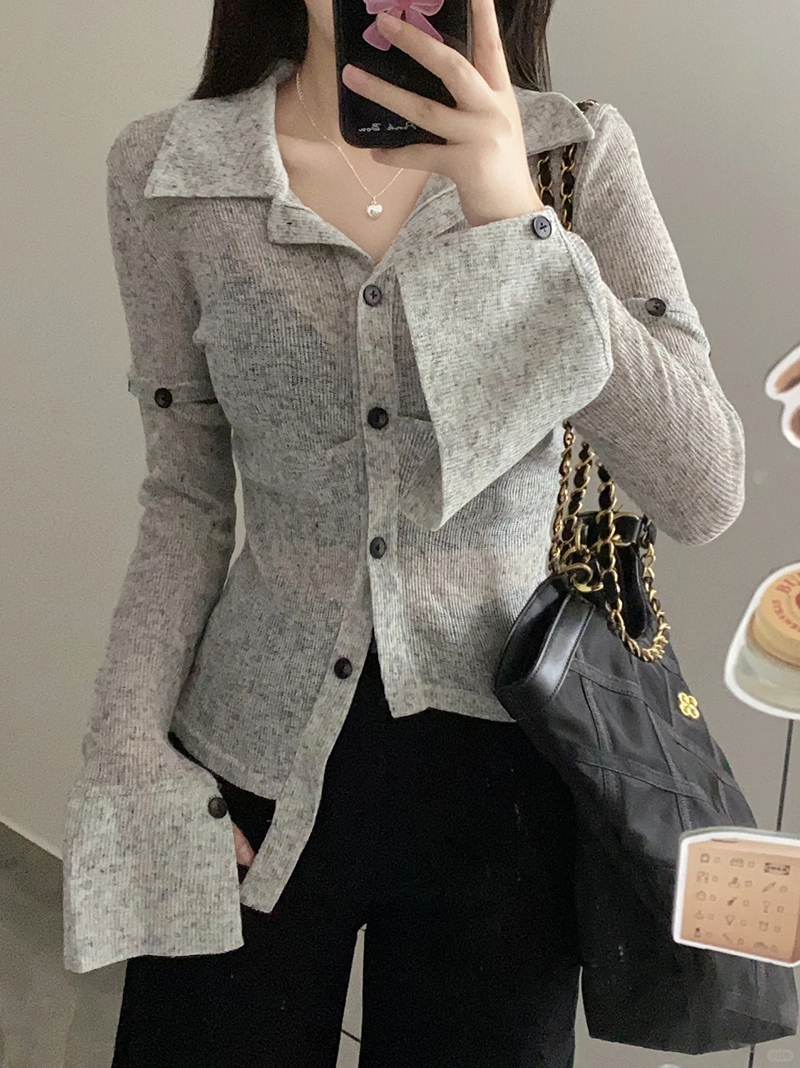 美伊家 灰色复古防晒长袖衬衫透视POLO领薄开衫修身打底小衫