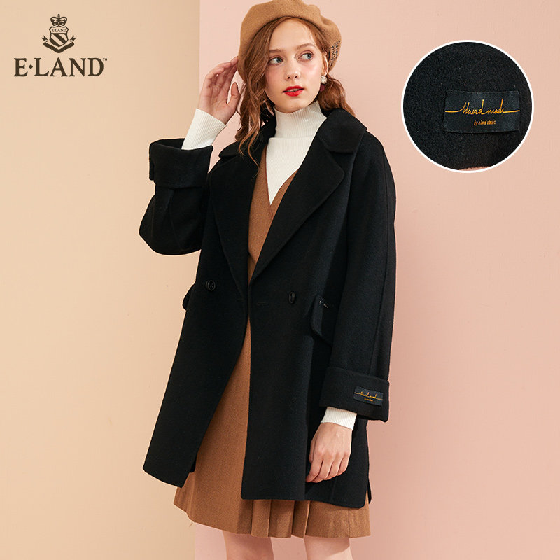 ELAND秋冬韩版通勤风纯色简约毛呢大衣女中长款EEJW94TH4M