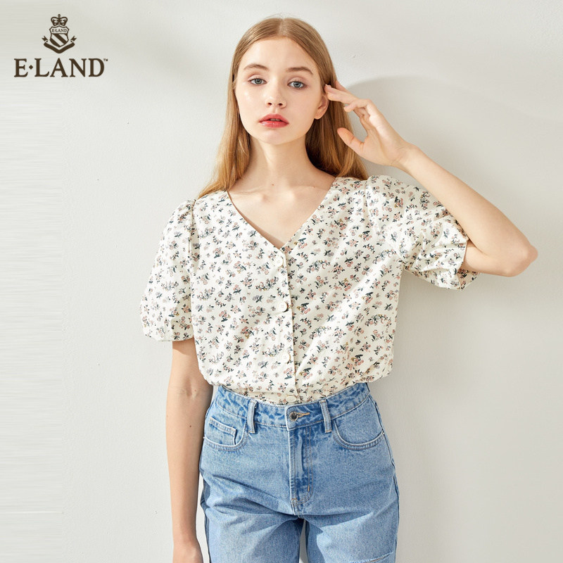 ELAND2020清新碎花V领两穿衬衫女宽松显瘦EEBWA87Q1I