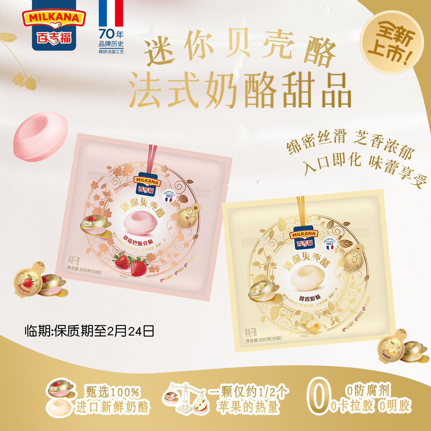 新品百吉福迷你贝壳酪甜心小圆奶酪法式甜品高钙零食棒芝士干酪块