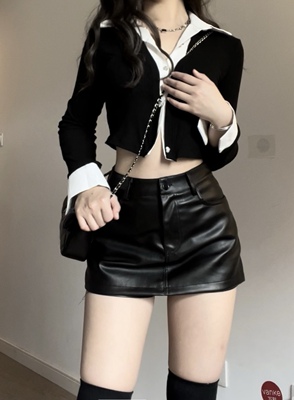 长袖假两件长袖衬衫短款修修身