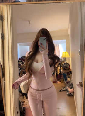 荔桃想睡觉ya【芭比甜心】德绒运动收腰显瘦套装连帽外套长裤套装