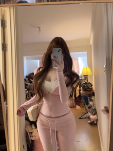 荔桃想睡觉ya【芭比甜心】德绒运动收腰显瘦套装连帽外套长裤套装