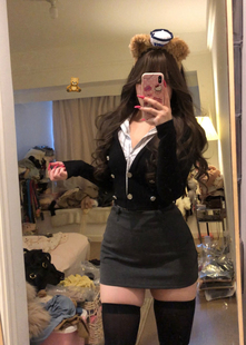 上衣包臀裙显身材套装 荔桃想睡觉ya 长袖 学院风假两件衬衫 美式