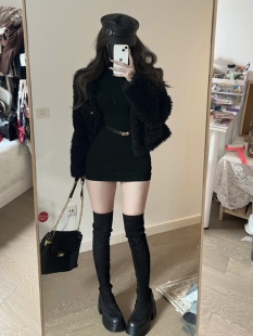 荔枝爱睡觉 | 小香风御姐黑色皮草千金外套~姐姐有约紧身包臀裙