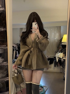 荔枝爱睡觉 |秋冬慵懒风法式v领收腰开衫针织百搭上衣腰带小个子