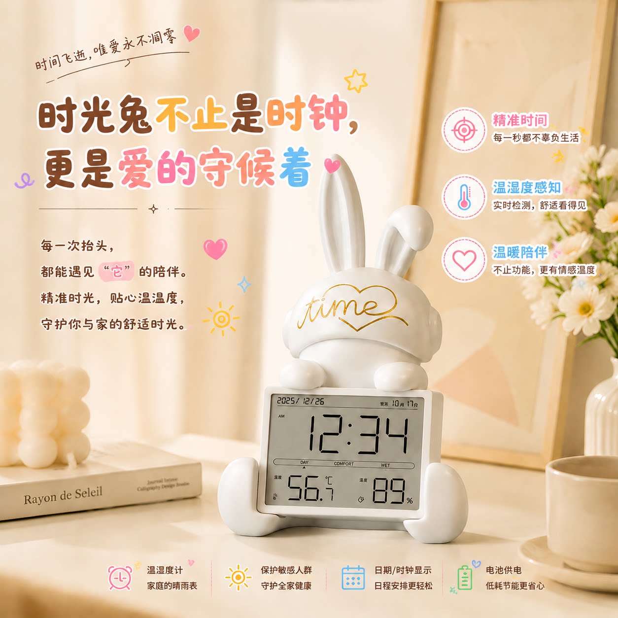 时光兔摆件多功能温湿度计时钟图片