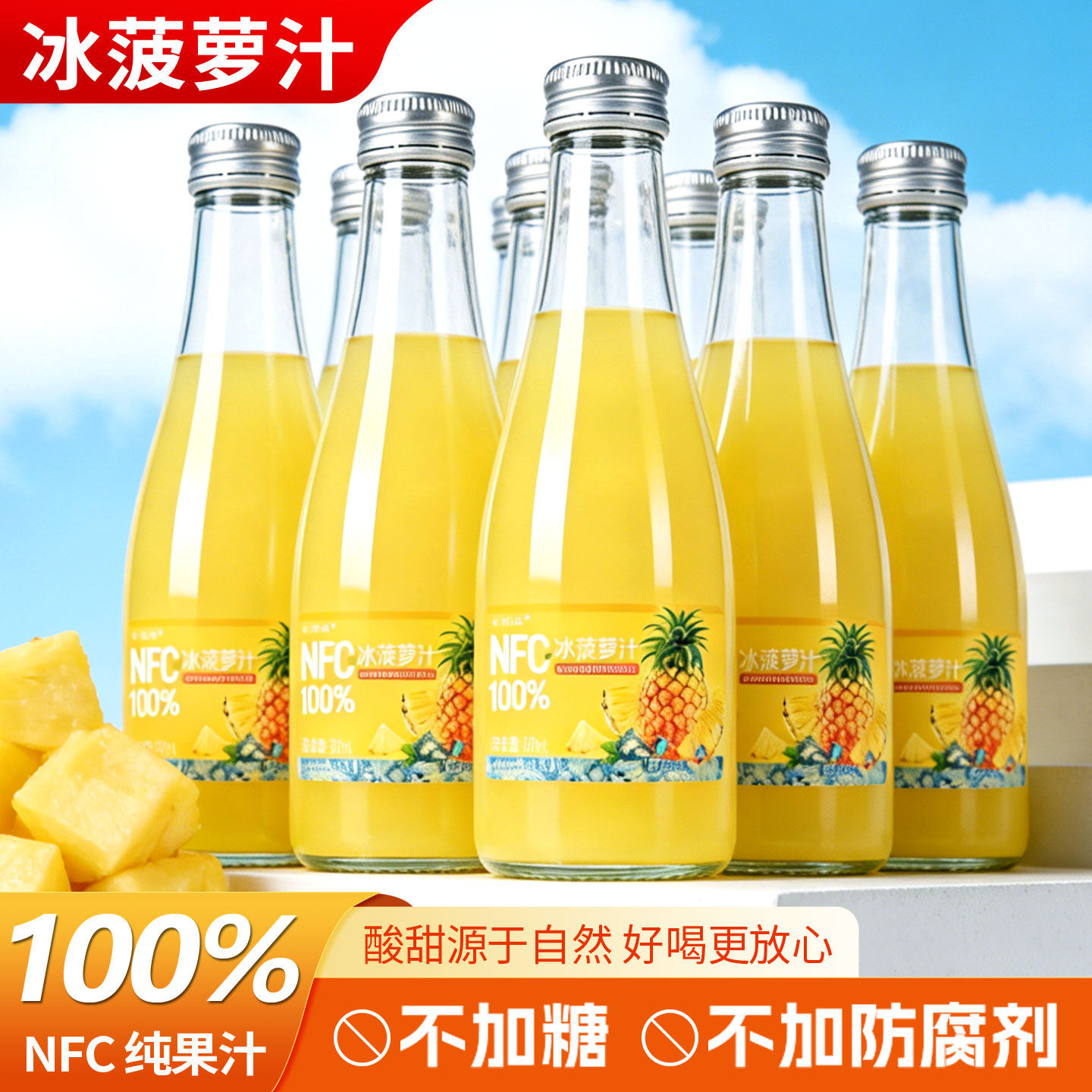 100%冰菠萝汁nfc无添加纯果汁鲜榨菠萝酸甜0蔗糖0脂维C饮料玻璃瓶