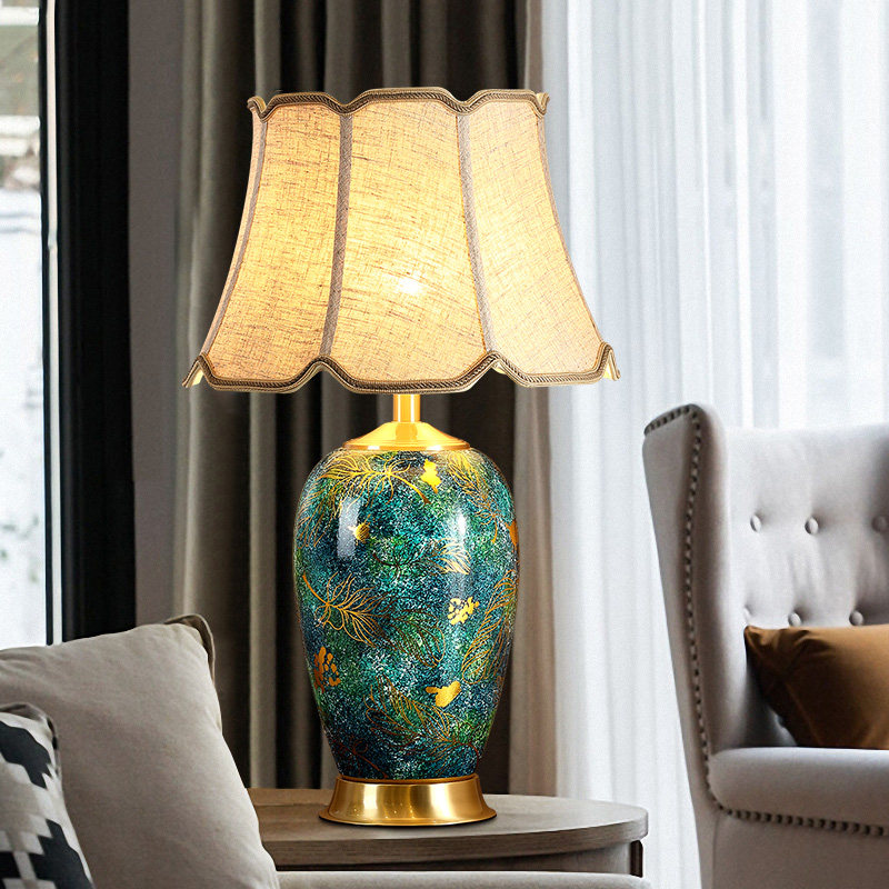 美式全铜台灯陶瓷台灯卧室床头灯客厅台灯新中式创意大气落地灯饰