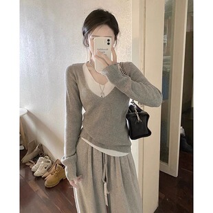 螺纹V领假两件打底毛衣女2025春秋冬季 套头针织上衣 慵懒百搭长袖