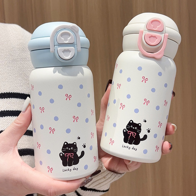 卡通猫咪保温杯少女心吸管水杯新款不锈钢水壶大容量学生双饮杯子