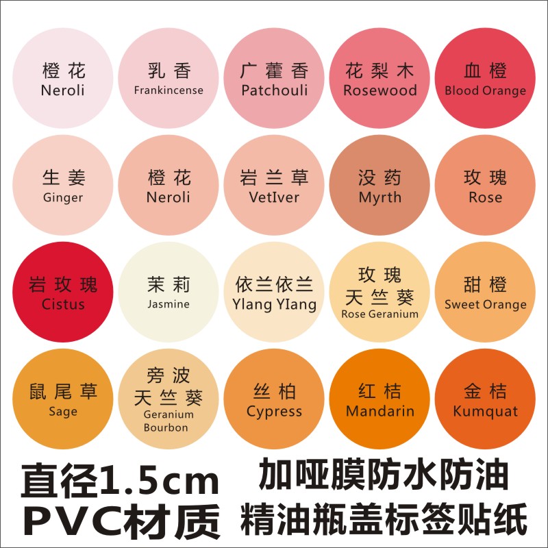 精油圆贴标签PVC贴纸(1) 直径1.5cm圆 加亚膜防油防水m