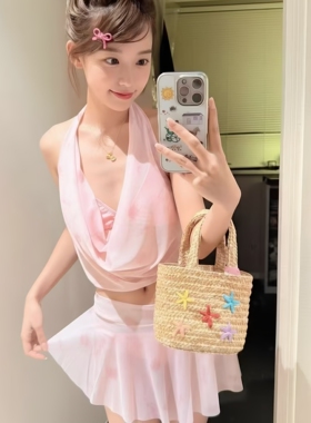 新款绝美泳衣女纯欲性感辣妹薄纱挂脖粉色分体小胸度假温泉泳装