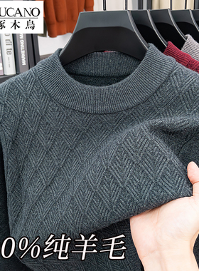 啄木鸟100%纯羊毛衫男士针织打底衫秋冬加厚半高领提花保暖羊毛衫