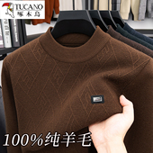 啄木鸟100%纯羊毛衫 秋冬加厚半高领提花保暖羊毛衫 男士 针织打底衫