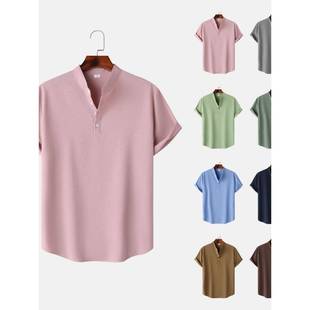 大码 2025夏季 纯色立领衬衫 欧美男士 套头宽松衬衣Men 新款