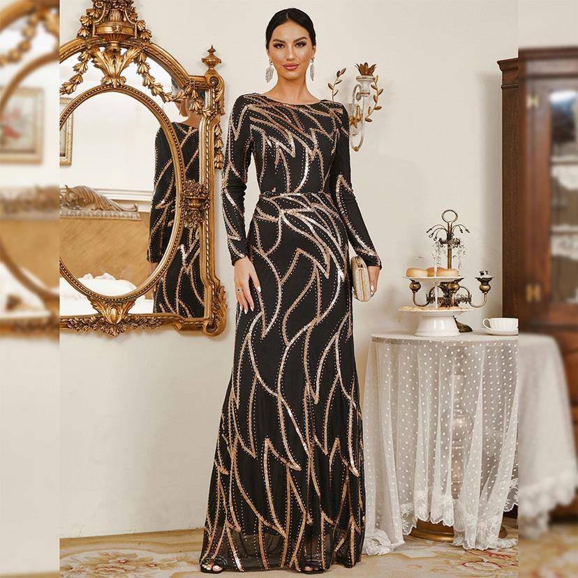 2024 Sequin Long Sleeved Maxi Evening Gown Prom Party Dress
