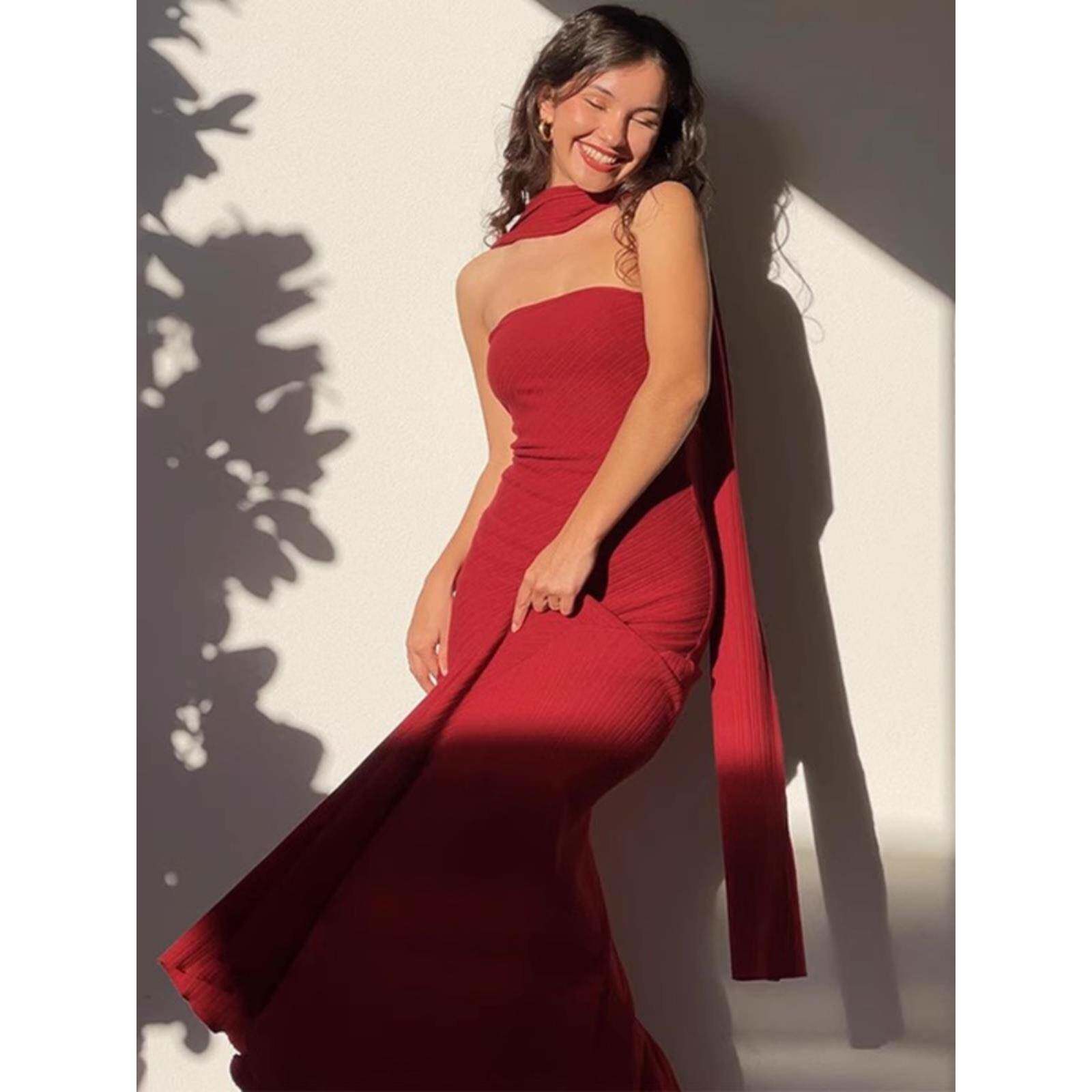 欧美时尚气质围脖披肩连衣裙时髦高腰包臀宴会礼服抹胸鱼尾长裙女