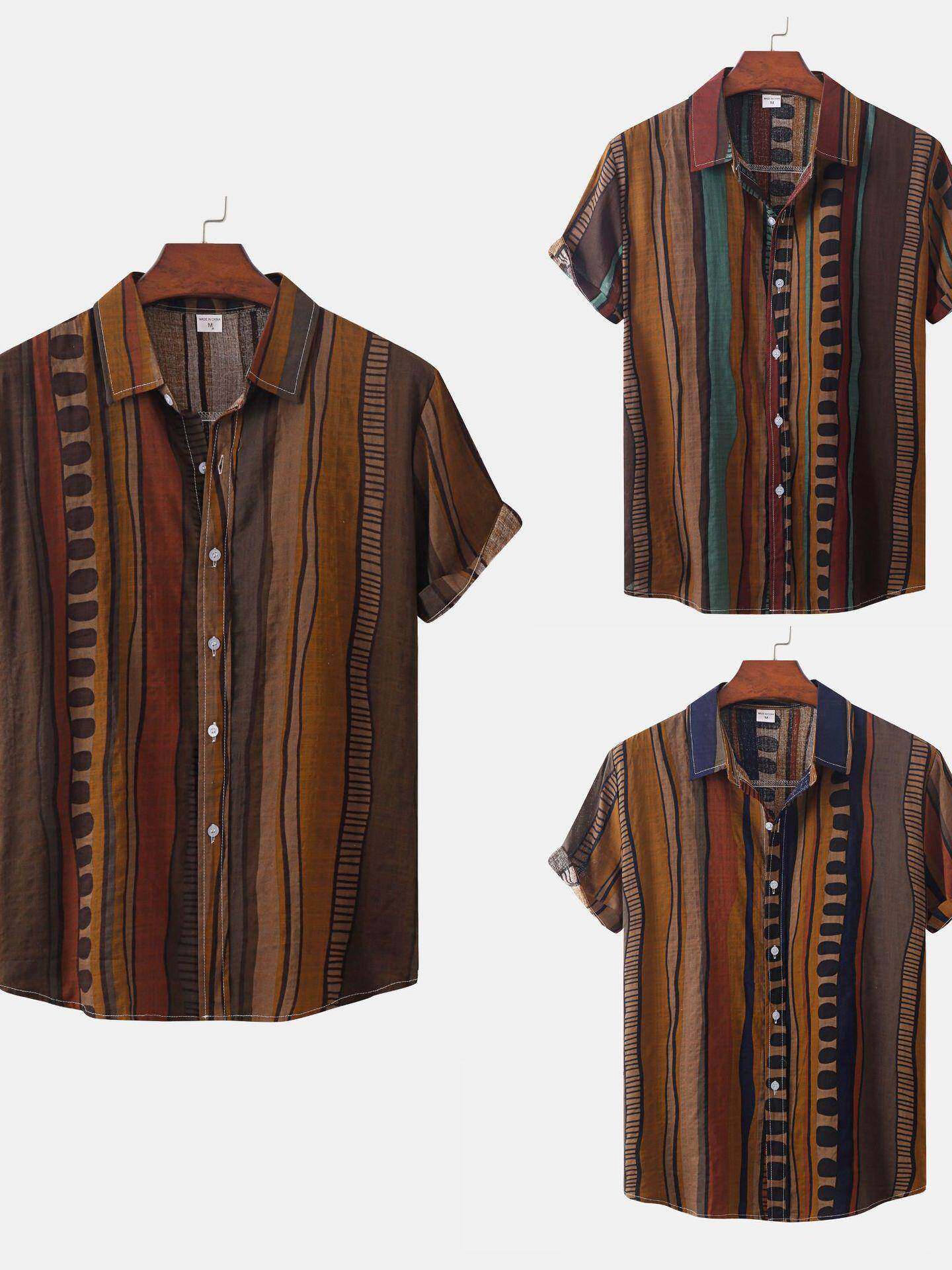 2023欧美外贸夏季新款条纹短袖衬衣男士碎花休闲衬衫潮Men shirts