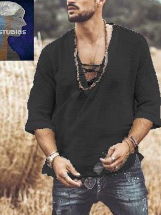 MeN SHirtS 男宽松大V领抽绳衬衫七分袖2023新款欧美休闲男装上衣