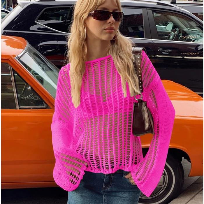 欧美时尚针织镂空网衣罩衫套头上衣女 knit pullover smock top