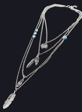 波西米亚复古流苏多层树叶女项链 chain necklace women jewelry
