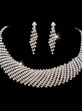 欧美新娘项链满钻银颈链套链 bride necklace set jewelry