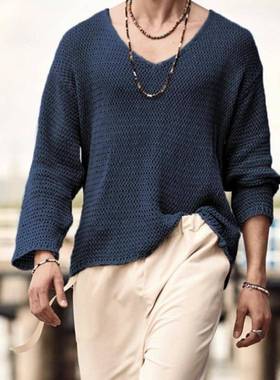 Autumn new solid color V-neck casual sweater men's loose