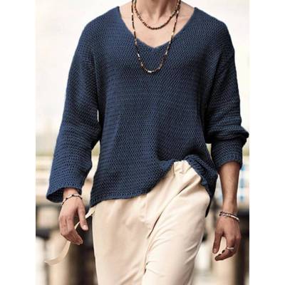 Autumn new solid color V-neck casual sweater men's loose