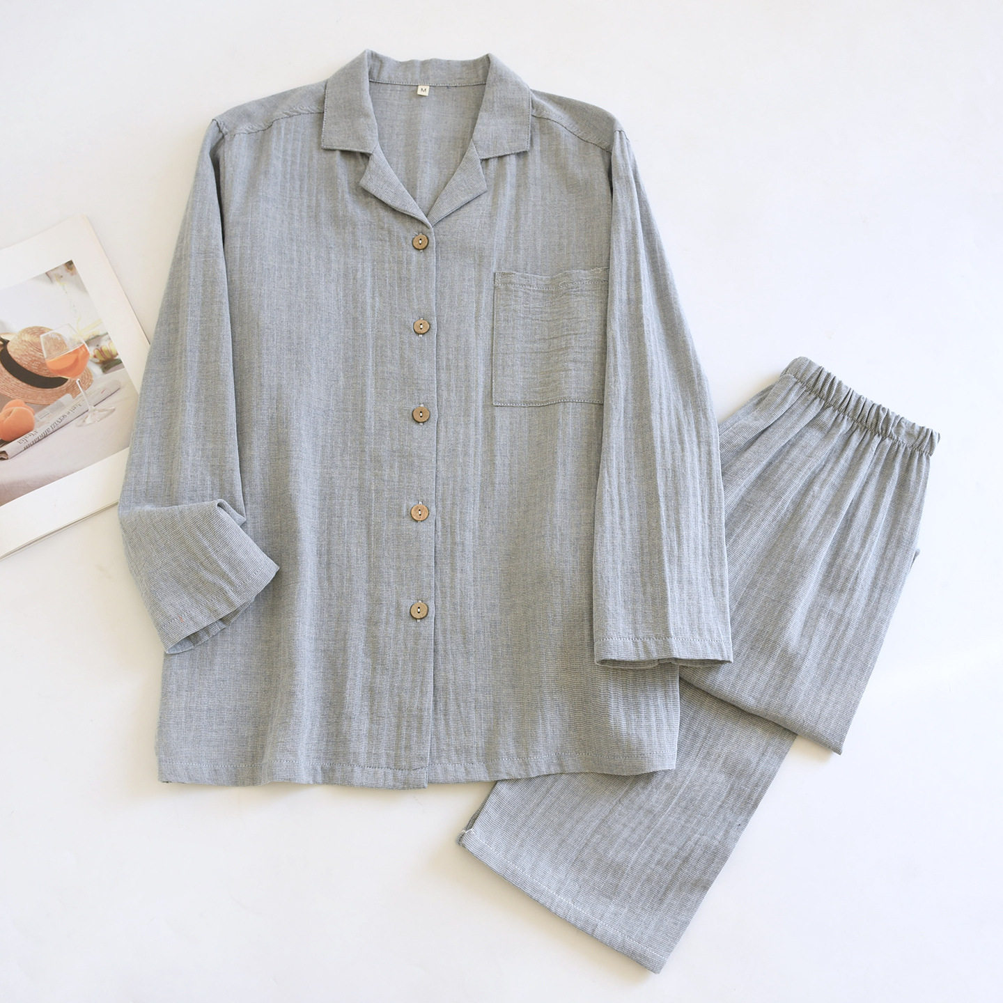 睡衣男士秋季棉麻新款纯色无印风简约居家服女长袖长裤宽松家居服